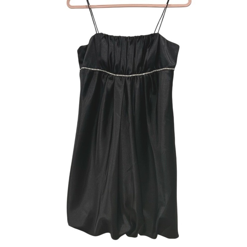 Party Dress black satin short with bubble skirt Rhinestone trim size S‎